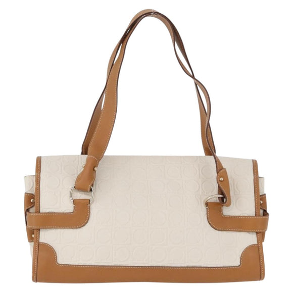 Salvatore Ferragamo Gancini Hand Bag PVC Canvas White Gold Auth 172375