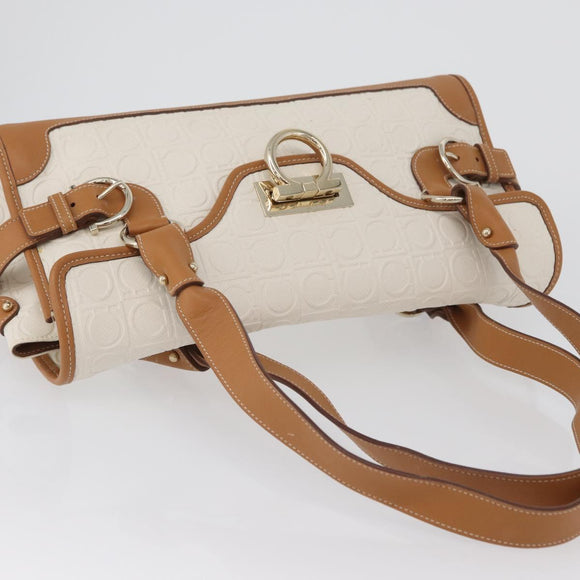 Salvatore Ferragamo Gancini Hand Bag PVC Canvas White Gold Auth 172375
