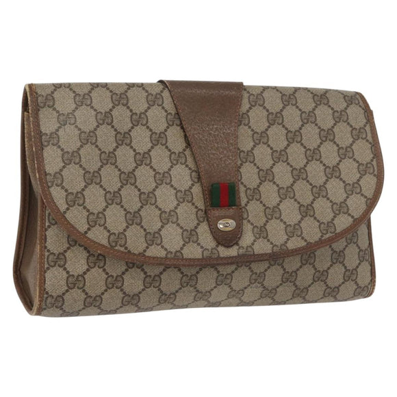 GUCCI GG Supreme Web Sherry Line Clutch Bag PVC Beige Gold 89 01 031 Auth 172384