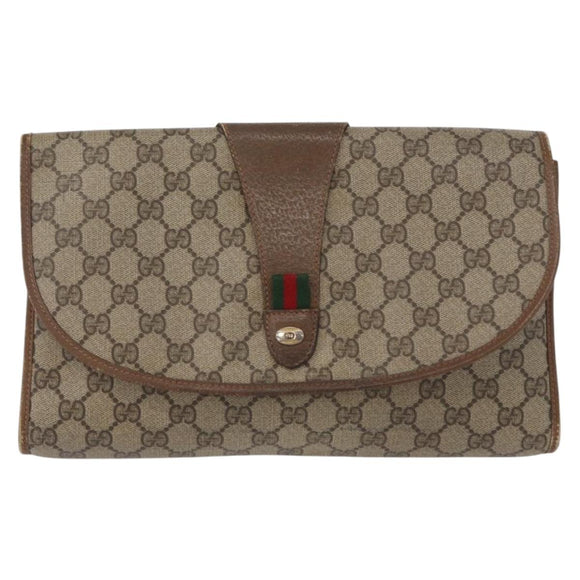 GUCCI GG Supreme Web Sherry Line Clutch Bag PVC Beige Gold 89 01 031 Auth 172384