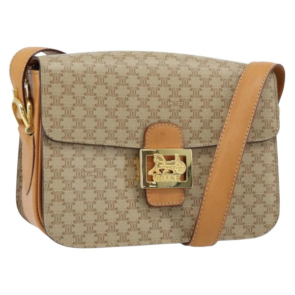 CELINE Macadam Canvas Horse Carriage Shoulder Bag PVC Beige Gold Auth 172407