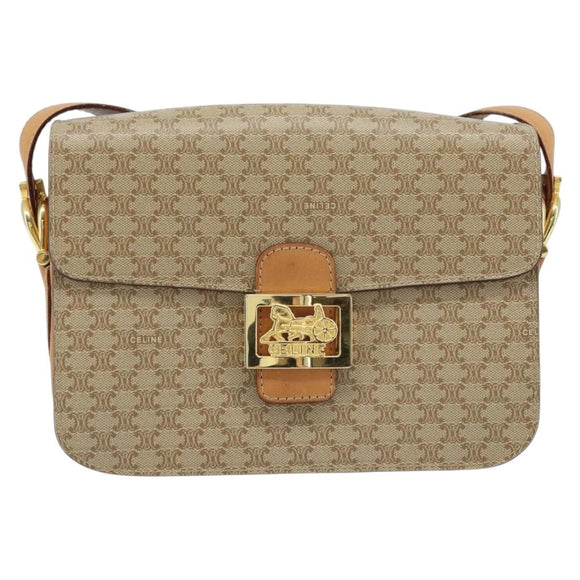 CELINE Macadam Canvas Horse Carriage Shoulder Bag PVC Beige Gold Auth 172407