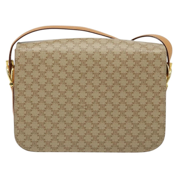 CELINE Macadam Canvas Horse Carriage Shoulder Bag PVC Beige Gold Auth 172407