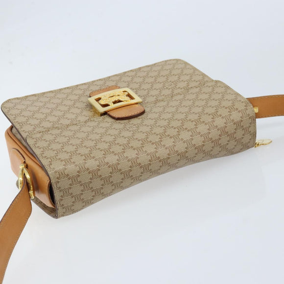 CELINE Macadam Canvas Horse Carriage Shoulder Bag PVC Beige Gold Auth 172407