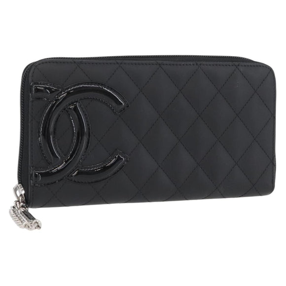 CHANEL Matelasse Cambon Line Long Wallet Leather Black Silver CC Auth 172434SAV