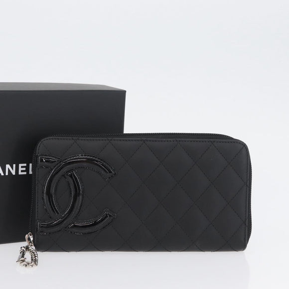 CHANEL Matelasse Cambon Line Long Wallet Leather Black Silver CC Auth 172434SAV
