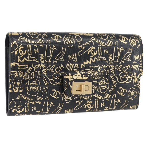 CHANEL 2.55 Long Wallet Croco Embossed Black Gold CC Auth 172450SAV