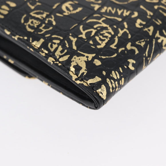 CHANEL 2.55 Long Wallet Croco Embossed Black Gold CC Auth 172450SAV