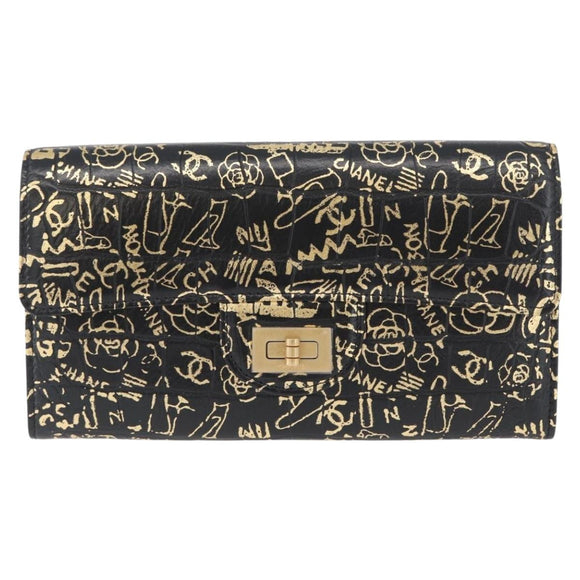 CHANEL 2.55 Long Wallet Croco Embossed Black Gold CC Auth 172450SAV