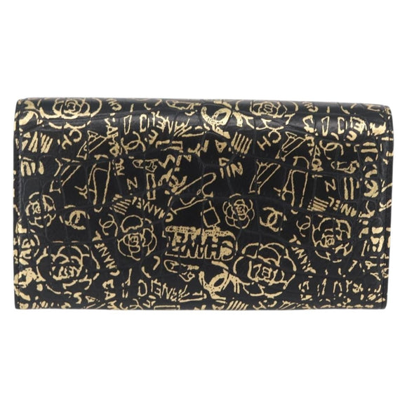 CHANEL 2.55 Long Wallet Croco Embossed Black Gold CC Auth 172450SAV