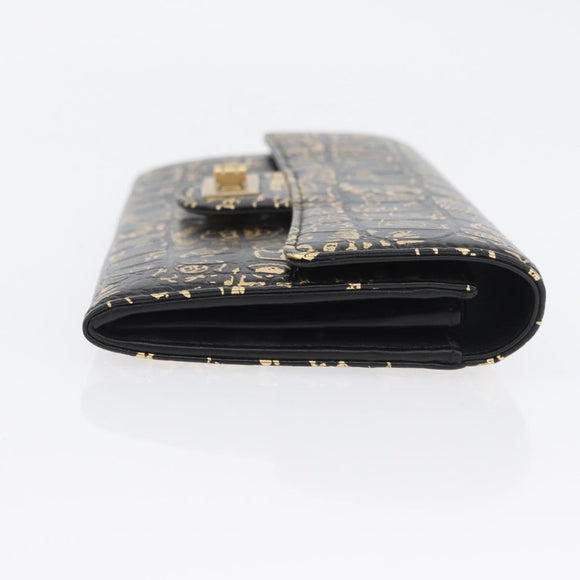 CHANEL 2.55 Long Wallet Croco Embossed Black Gold CC Auth 172450SAV