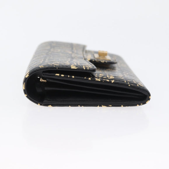 CHANEL 2.55 Long Wallet Croco Embossed Black Gold CC Auth 172450SAV