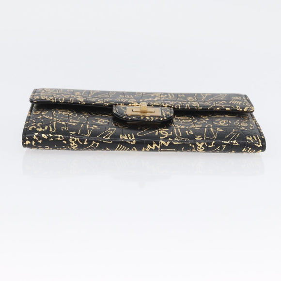 CHANEL 2.55 Long Wallet Croco Embossed Black Gold CC Auth 172450SAV