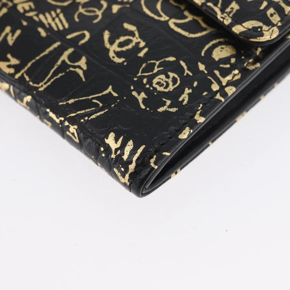 CHANEL 2.55 Long Wallet Croco Embossed Black Gold CC Auth 172450SAV