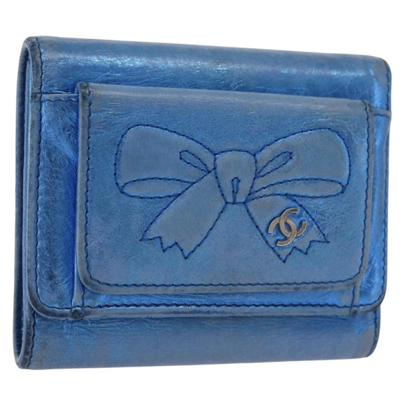CHANEL Compact Wallet Leather Blue Silver CC Auth 172453