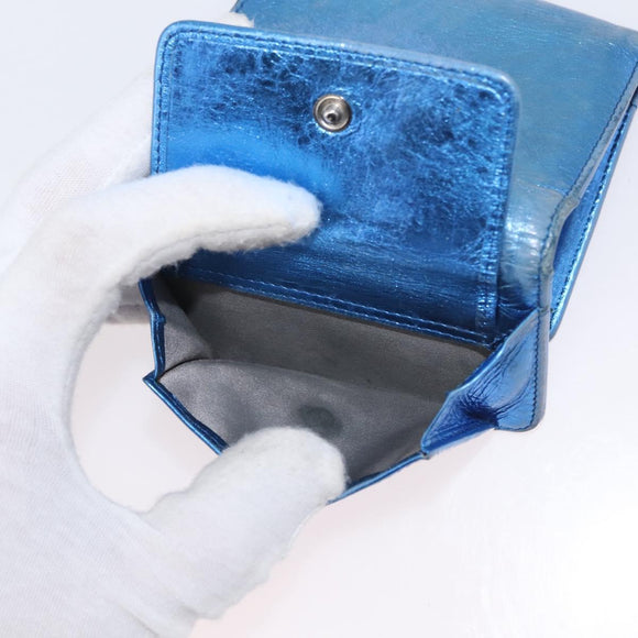 CHANEL Compact Wallet Leather Blue Silver CC Auth 172453