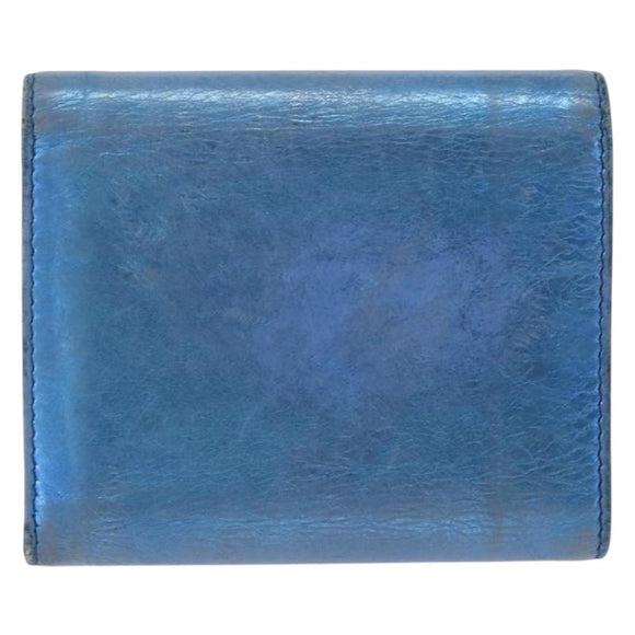 CHANEL Compact Wallet Leather Blue Silver CC Auth 172453