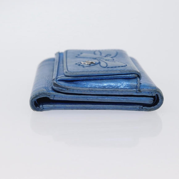 CHANEL Compact Wallet Leather Blue Silver CC Auth 172453