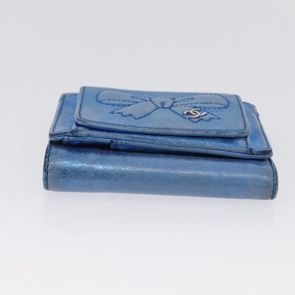 CHANEL Compact Wallet Leather Blue Silver CC Auth 172453
