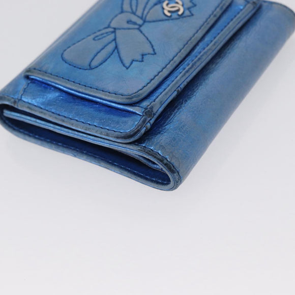 CHANEL Compact Wallet Leather Blue Silver CC Auth 172453