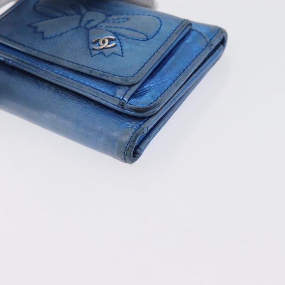 CHANEL Compact Wallet Leather Blue Silver CC Auth 172453