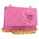 CHANEL Matelasse Chain Camelia Schoudertas Canvas Roze Goud CC Auth 172461V-1