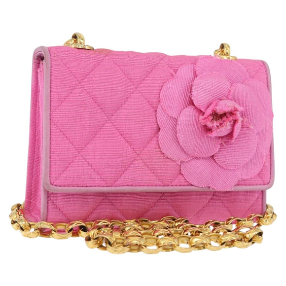 CHANEL Matelasse Chain Camelia Schoudertas Canvas Roze Goud CC Auth 172461V