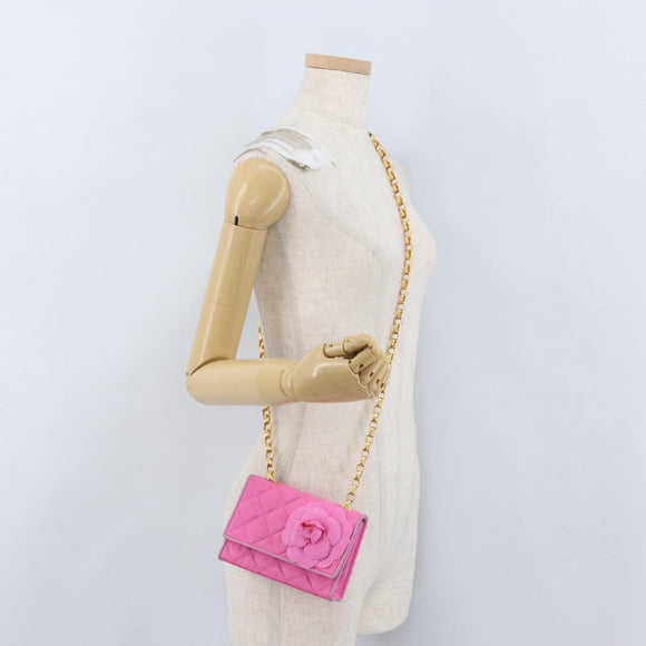 CHANEL Matelasse Chain Camelia Schoudertas Canvas Roze Goud CC Auth 172461V