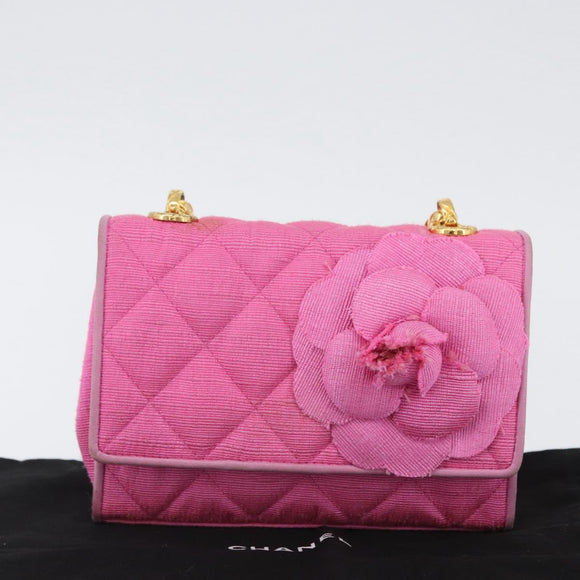 CHANEL Matelasse Chain Camelia Schoudertas Canvas Roze Goud CC Auth 172461V