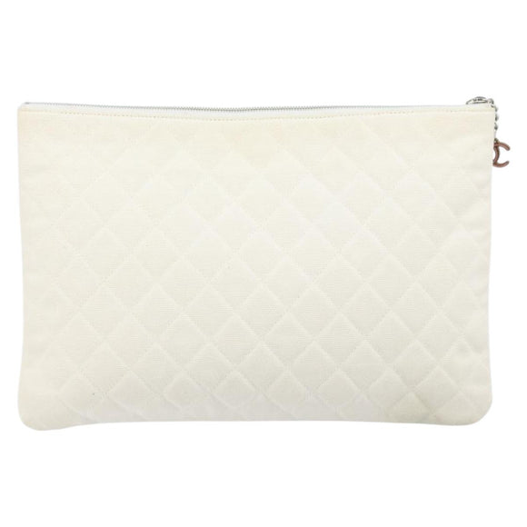 CHANEL Matelasse Clutch Bag Canvas White Silver CC Auth 172468V