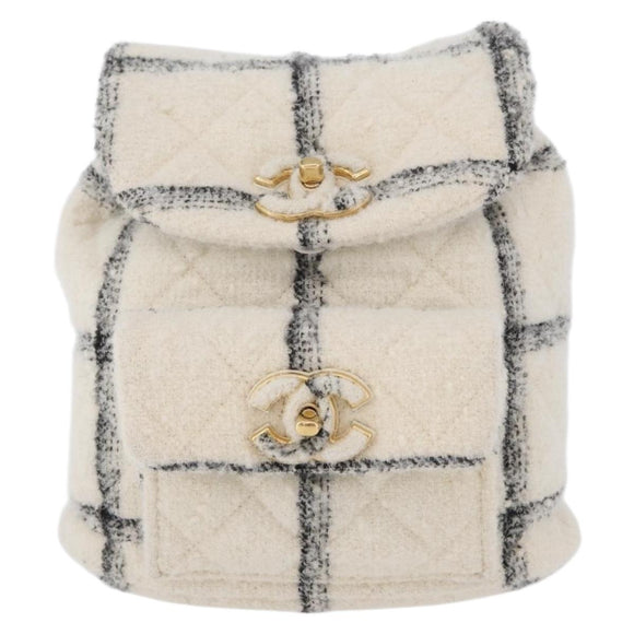 CHANEL Matelasse Chain Backpack Tweed White Gold CC Auth 172472SM
