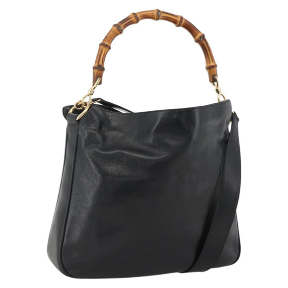 GUCCI Bamboo Hand Bag Leather 2way Black Gold 001 1705 1638 Auth 172475