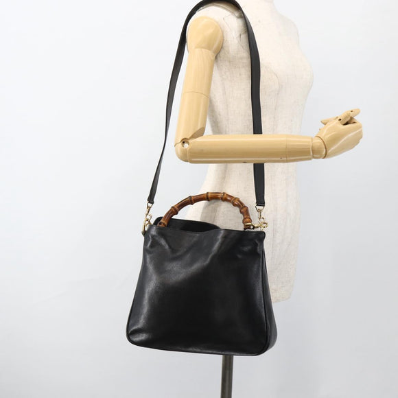 GUCCI Bamboo Hand Bag Leather 2way Black Gold 001 1705 1638 Auth 172475