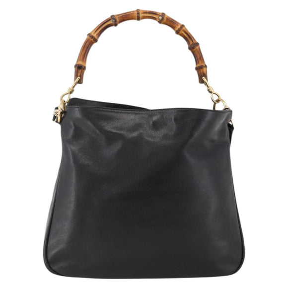 GUCCI Bamboo Hand Bag Leather 2way Black Gold 001 1705 1638 Auth 172475