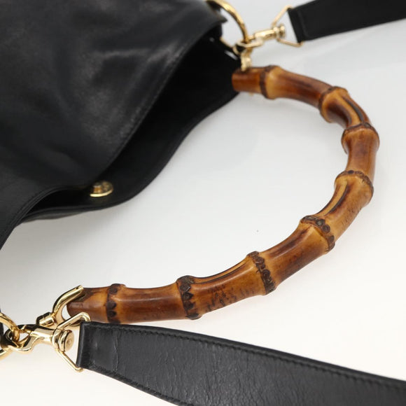 GUCCI Bamboo Hand Bag Leather 2way Black Gold 001 1705 1638 Auth 172475