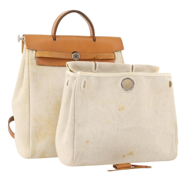 HERMES Herbag Ad PM Rugzak Canvas Leer 2way Beige Zilver Auth 172481