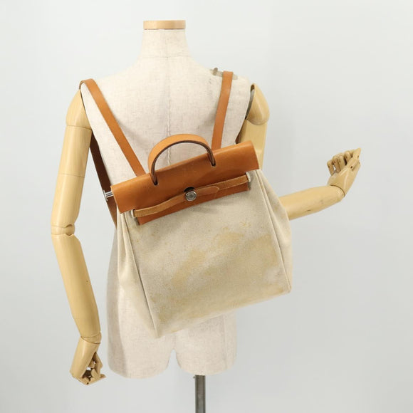 HERMES Herbag Ad PM Rugzak Canvas Leer 2way Beige Zilver Auth 172481