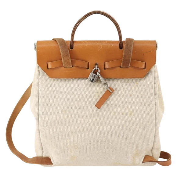 HERMES Herbag Ad PM Rugzak Canvas Leer 2way Beige Zilver Auth 172481
