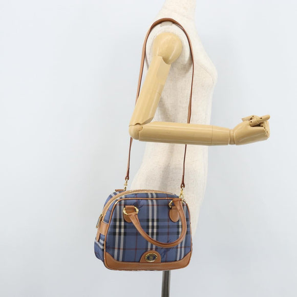 Burberrys Nova Check Hand Bag PVC Leather 2way Blue Gold Auth 172484