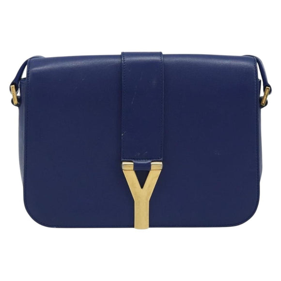SAINT LAURENT Y Line Shoulder Bag Leather Blue Gold 311214 Auth 172514V