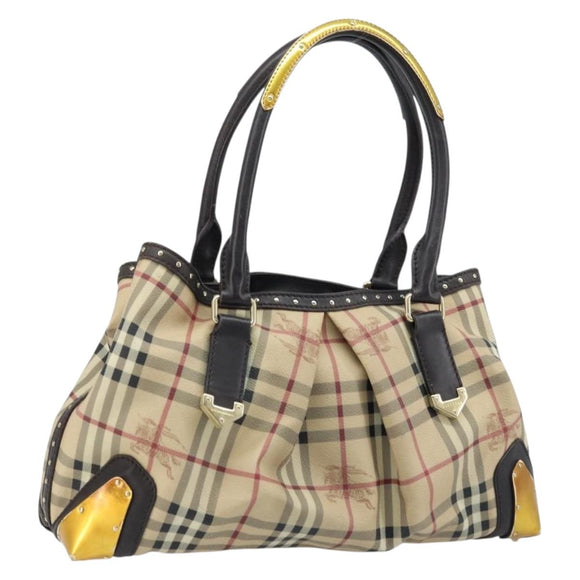 BURBERRY Nova Check Hand Bag PVC Beige Gold Auth 172518