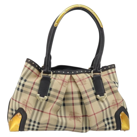 BURBERRY Nova Check Hand Bag PVC Beige Gold Auth 172518