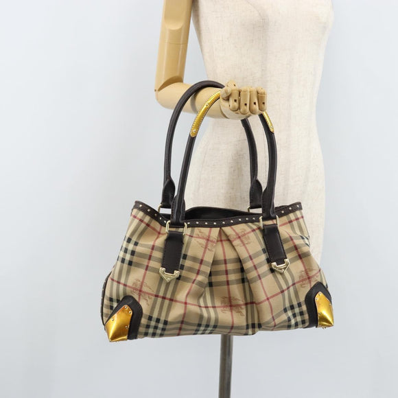 BURBERRY Nova Check Hand Bag PVC Beige Gold Auth 172518