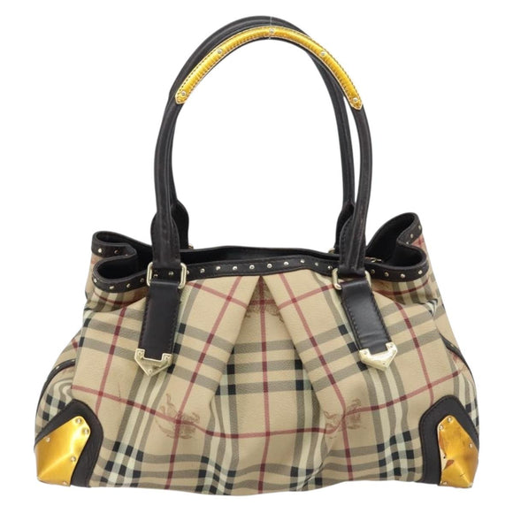 BURBERRY Nova Check Hand Bag PVC Beige Gold Auth 172518