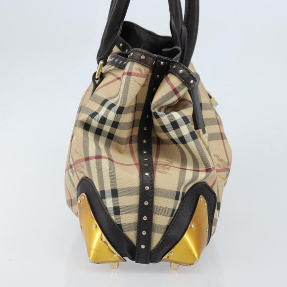 BURBERRY Nova Check Hand Bag PVC Beige Gold Auth 172518