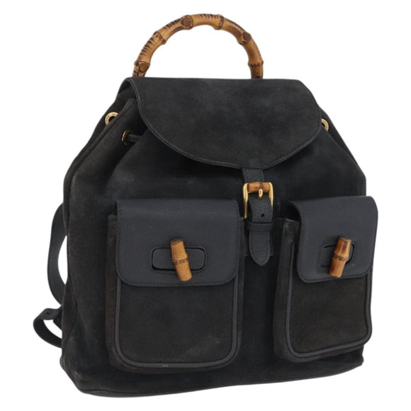 GUCCI Bamboo Backpack Suede Leather Black Gold 003 2058 0016 Auth 172522