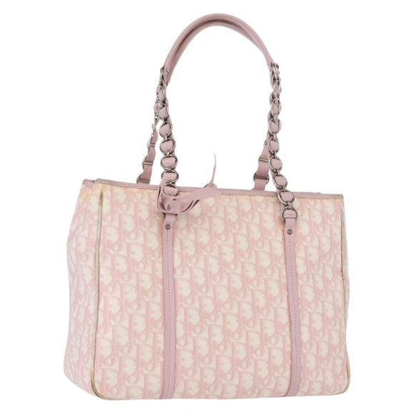 Christian Dior Trotter Canvas Chain Romantic Bag PVC Pink Silver Auth 172531