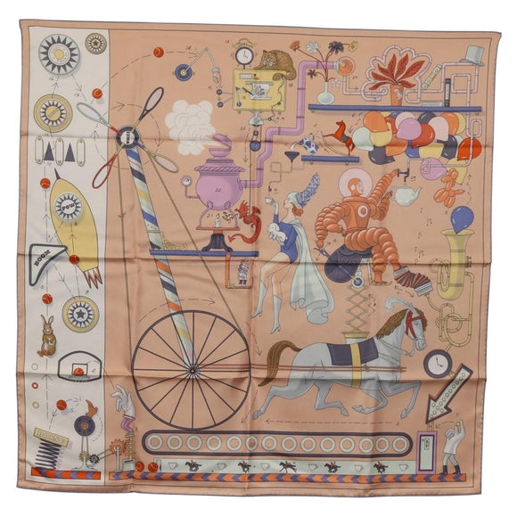 HERMES Carre 90 Scarf ""Tea for Two"" Silk Beige Auth 172542M