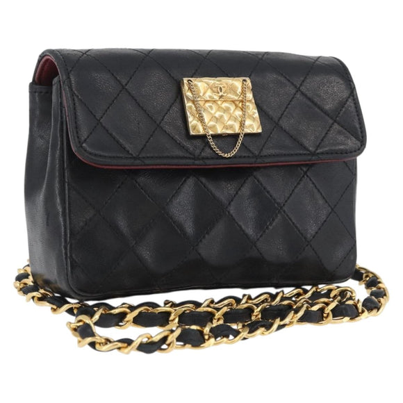 CHANEL Matelasse Chain Shoulder Bag Lamb Skin Black Gold CC Auth 172545SAV