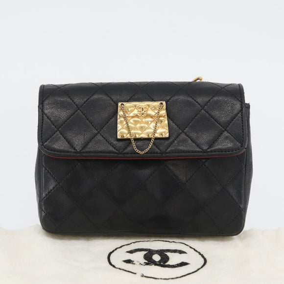 CHANEL Matelasse Chain Shoulder Bag Lamb Skin Black Gold CC Auth 172545SAV